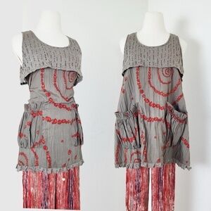 Tara Vao Babydoll Tank Top Pockets Long Sleeveless Abstract Pleated Eyelet